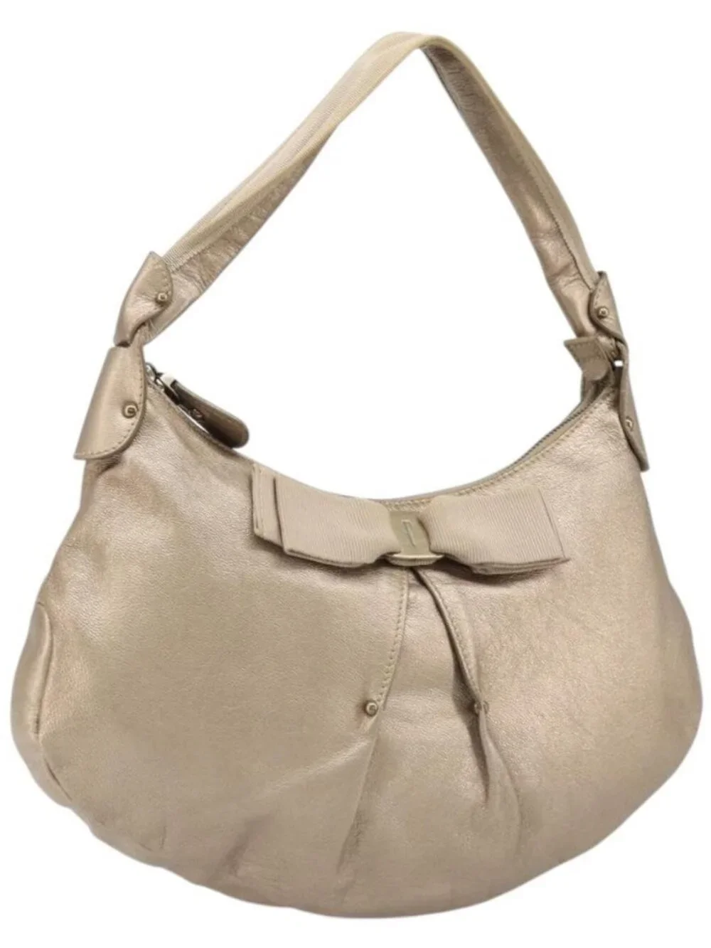Salvatore Ferragamo Vala Shoulder Bag Leather Champagne Gold Gold Auth 186269A